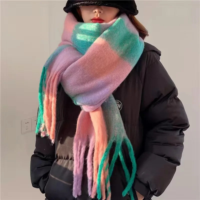 Oversized Woven Winter Scarf with Fringed Gradient Design