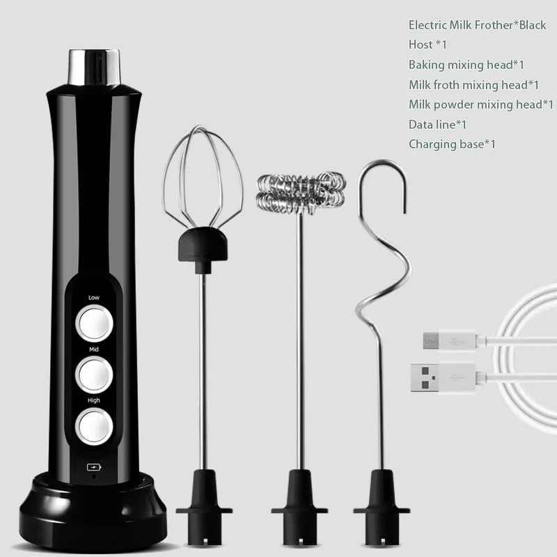3-in-1 Rechargeable Electric Milk Frother with Adjustable Speed & Mixing Attachments