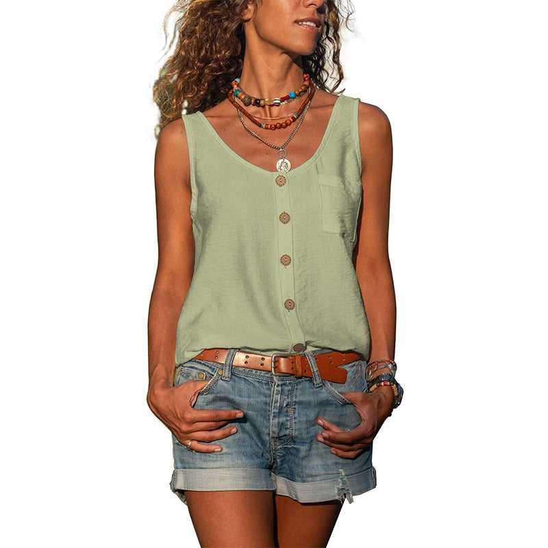 Ladies' Tank Top with Button Detail and Round Neck Summer Top