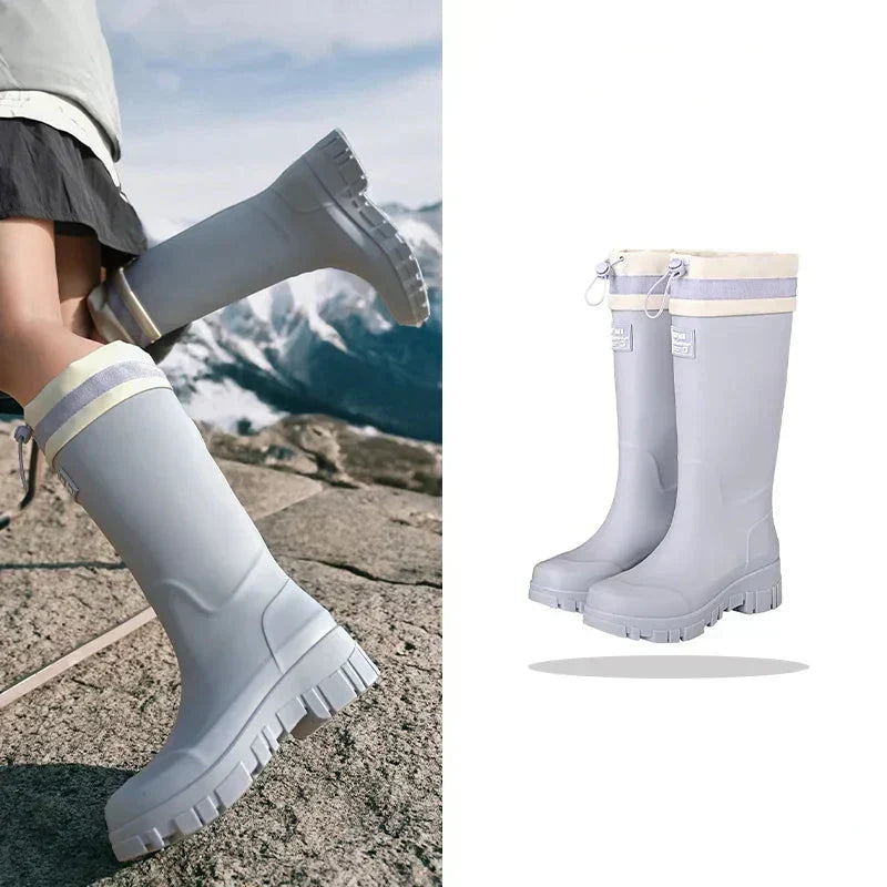 Women’s Rubber Rain Boots with Drawstring Cuffs and Textured Tread