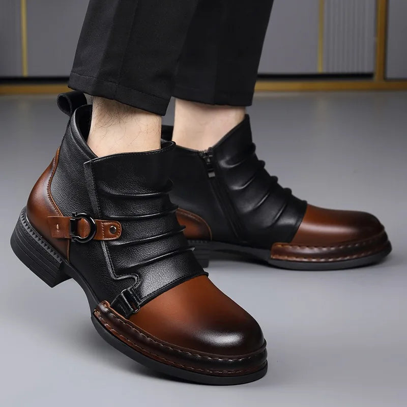 Men's Genuine Leather Ankle Boots with Side Zip and Buckle Strap