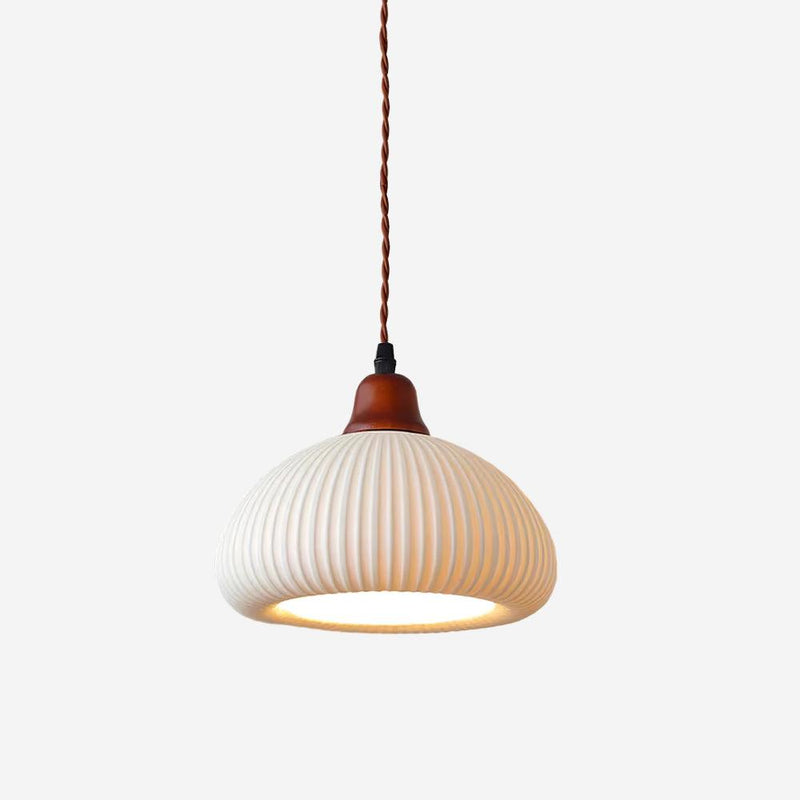 Ceramic Pendant Light with Ribbed Design and Wooden Details for Atmospheric Lighting