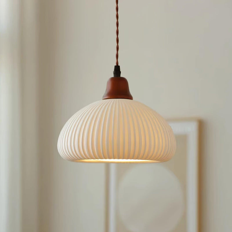 Ceramic Pendant Light with Ribbed Design and Wooden Details for Atmospheric Lighting