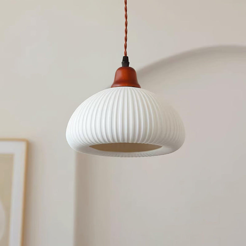 Ceramic Pendant Light with Ribbed Design and Wooden Details for Atmospheric Lighting