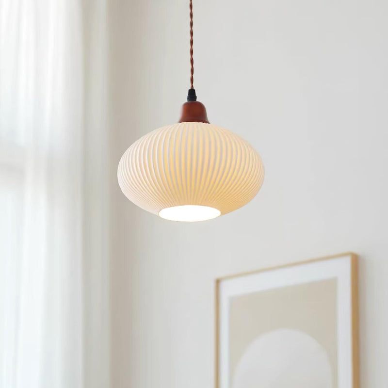 Ceramic Pendant Light with Ribbed Design and Wooden Details for Atmospheric Lighting