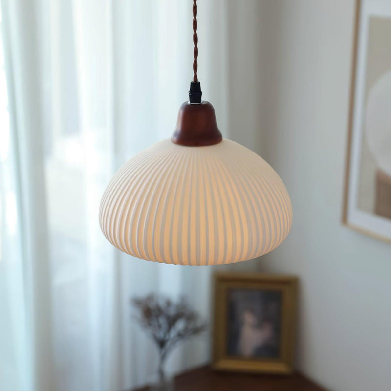 Ceramic Pendant Light with Ribbed Design and Wooden Details for Atmospheric Lighting