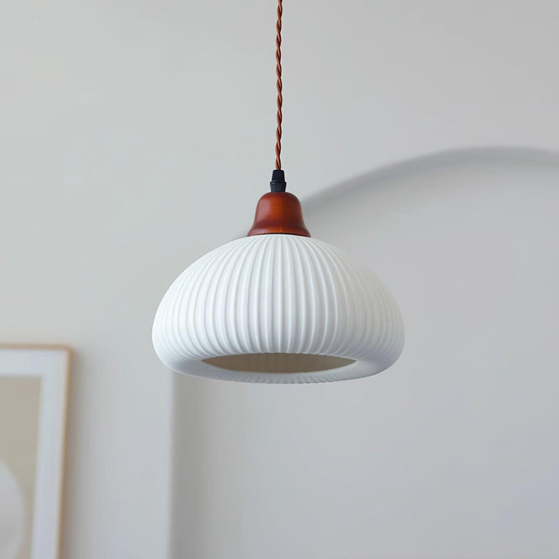 Ceramic Pendant Light with Ribbed Design and Wooden Details for Atmospheric Lighting