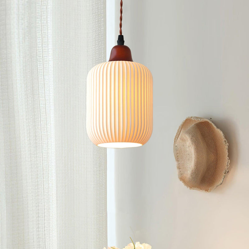 Ceramic Pendant Light with Ribbed Design and Wooden Details for Atmospheric Lighting