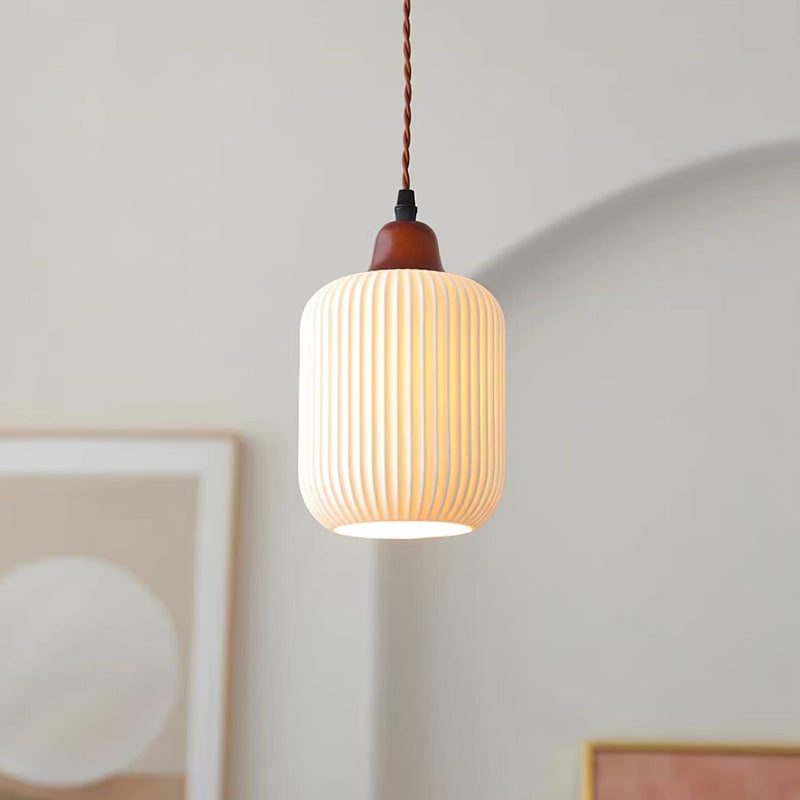 Ceramic Pendant Light with Ribbed Design and Wooden Details for Atmospheric Lighting