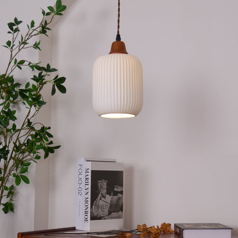 Ceramic Pendant Light with Ribbed Design and Wooden Details for Atmospheric Lighting
