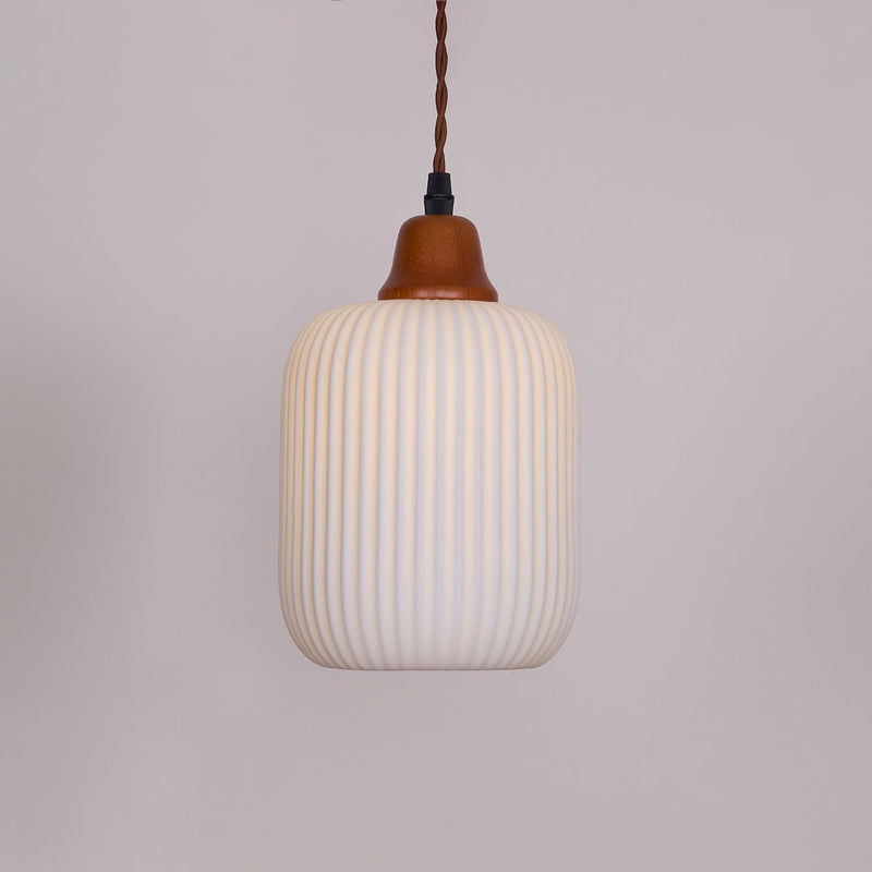 Ceramic Pendant Light with Ribbed Design and Wooden Details for Atmospheric Lighting
