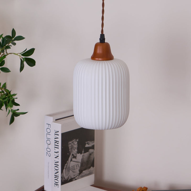 Ceramic Pendant Light with Ribbed Design and Wooden Details for Atmospheric Lighting