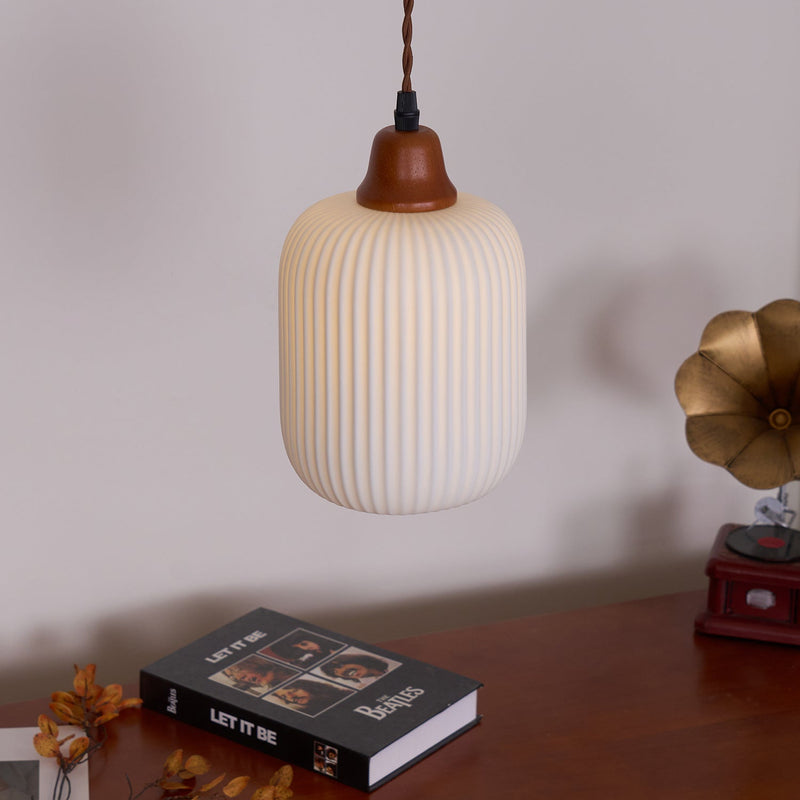 Ceramic Pendant Light with Ribbed Design and Wooden Details for Atmospheric Lighting