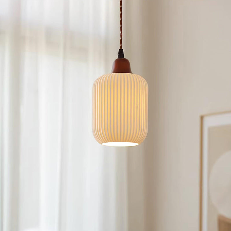 Ceramic Pendant Light with Ribbed Design and Wooden Details for Atmospheric Lighting