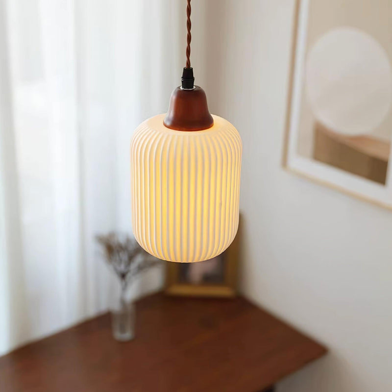 Ceramic Pendant Light with Ribbed Design and Wooden Details for Atmospheric Lighting