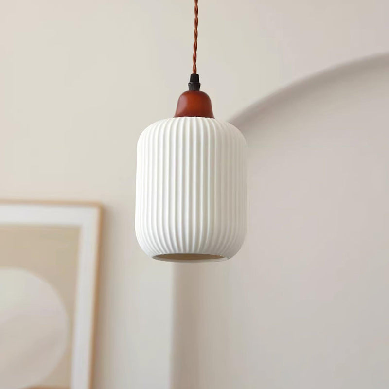 Ceramic Pendant Light with Ribbed Design and Wooden Details for Atmospheric Lighting
