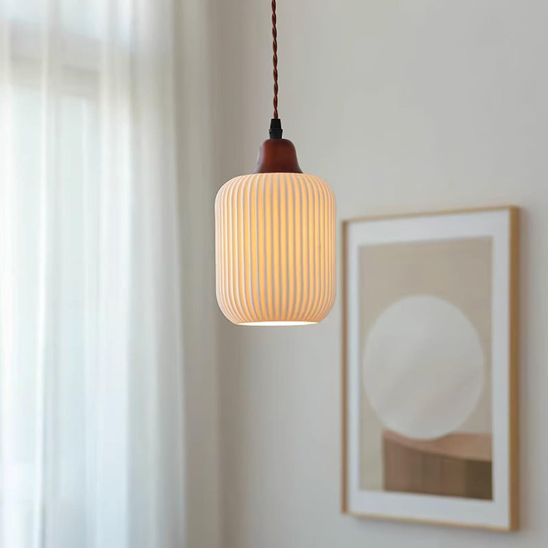 Ceramic Pendant Light with Ribbed Design and Wooden Details for Atmospheric Lighting