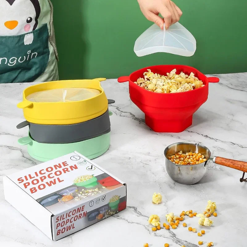 Collapsible Silicone Microwave Popcorn Maker Bowl with Lid