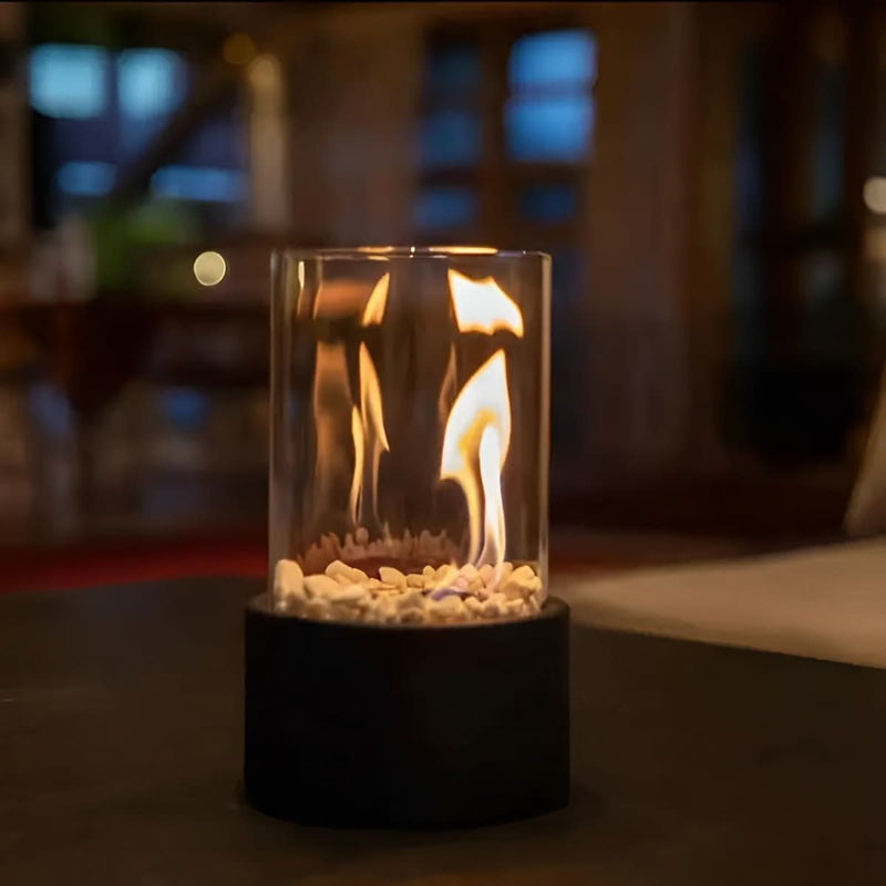 Bioethanol Table Fireplace with Glass and Metal Base for Indoor and Outdoor Use