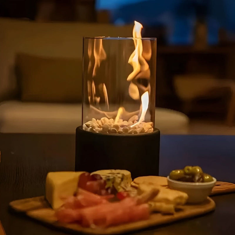 Bioethanol Table Fireplace with Glass and Metal Base for Indoor and Outdoor Use