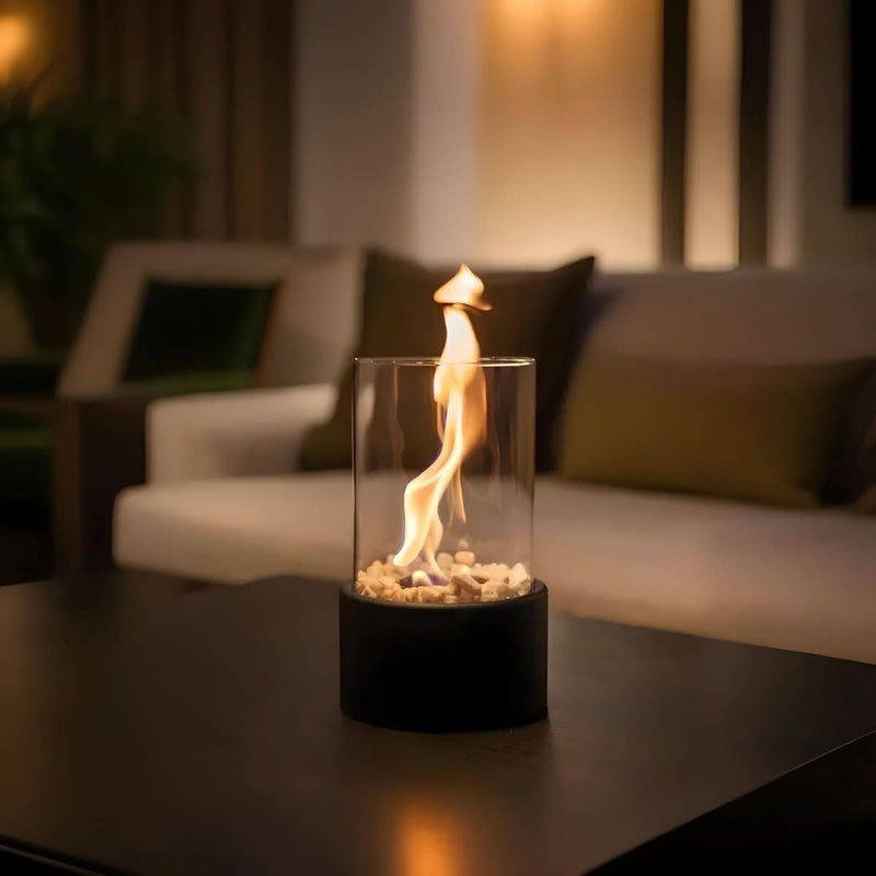 Bioethanol Table Fireplace with Glass and Metal Base for Indoor and Outdoor Use