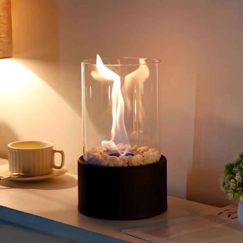 Bioethanol Table Fireplace with Glass and Metal Base for Indoor and Outdoor Use