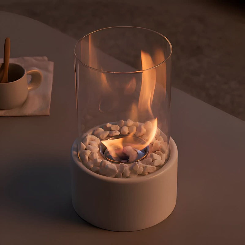 Bioethanol Table Fireplace with Glass and Metal Base for Indoor and Outdoor Use