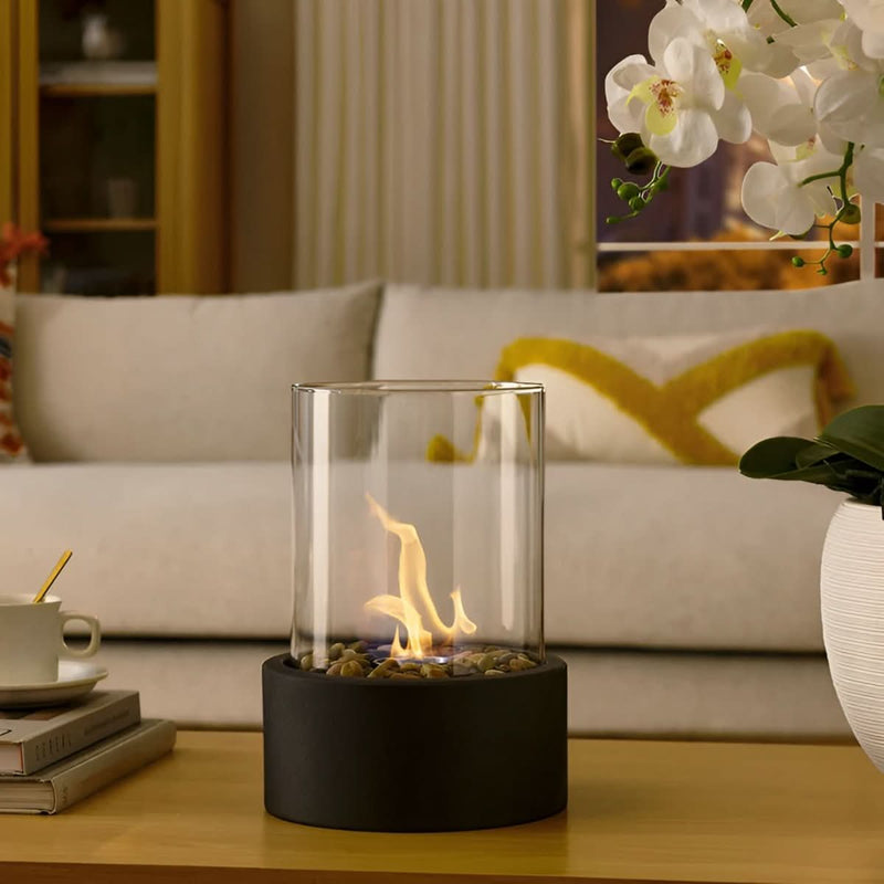 Bioethanol Table Fireplace with Glass and Metal Base for Indoor and Outdoor Use