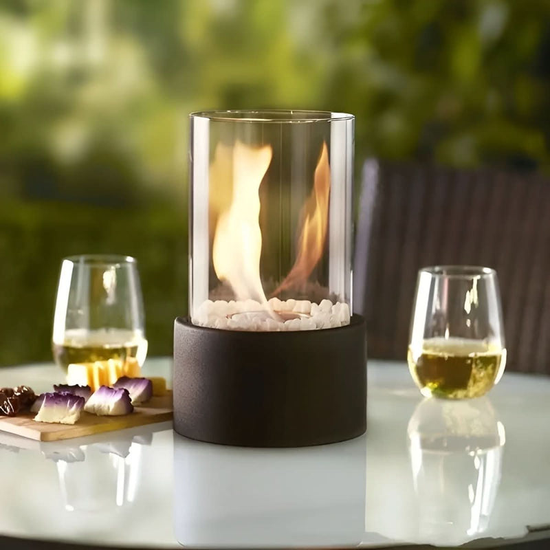Bioethanol Table Fireplace with Glass and Metal Base for Indoor and Outdoor Use