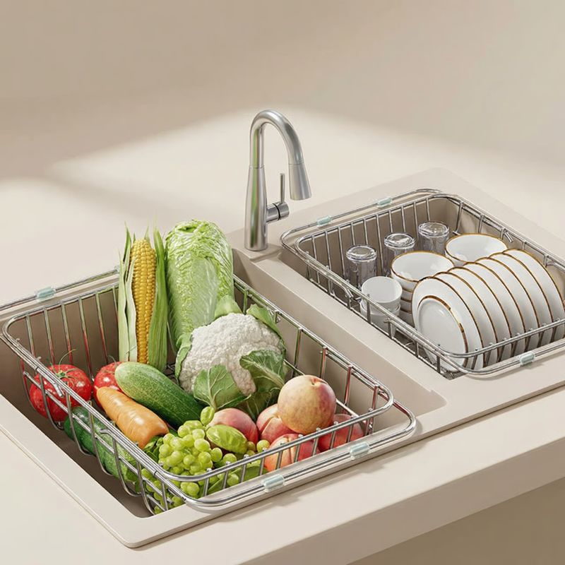 Dish Drainer with Extendable Rails for Over-Sink Drying