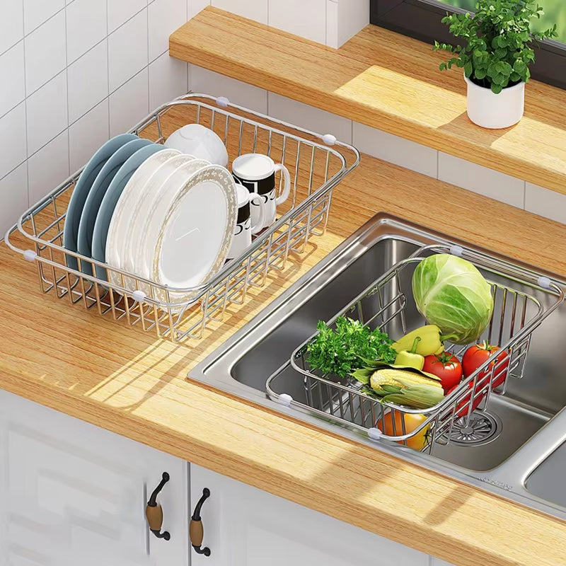 Dish Drainer with Extendable Rails for Over-Sink Drying
