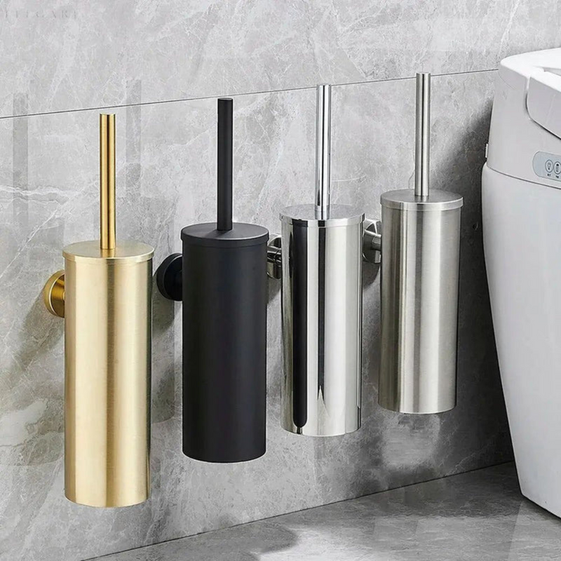 Toilet Brush with Cylindrical Holder and Fitted Lid