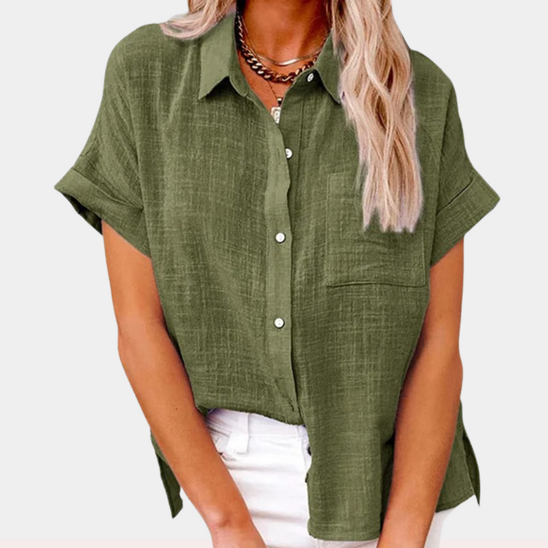 Summer Shirt Linen Blouse for Women with Button Closure and Short Sleeves