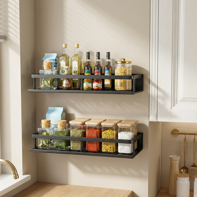 Metal Kitchen Wall Shelf Black – Space-Saving Storage Rack with Hooks
