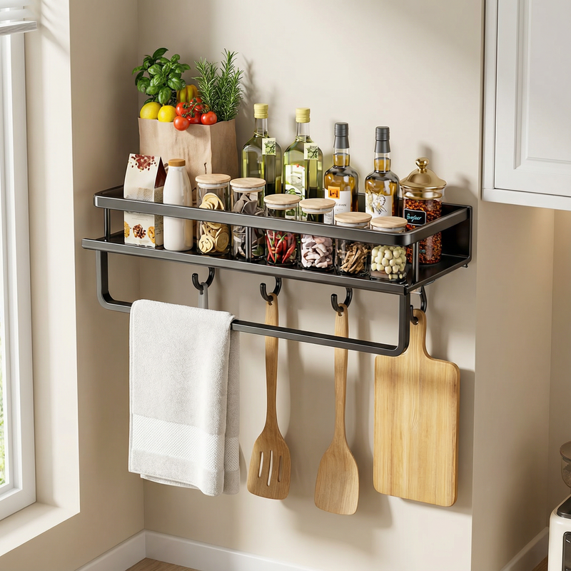 Metal Kitchen Wall Shelf Black – Space-Saving Storage Rack with Hooks