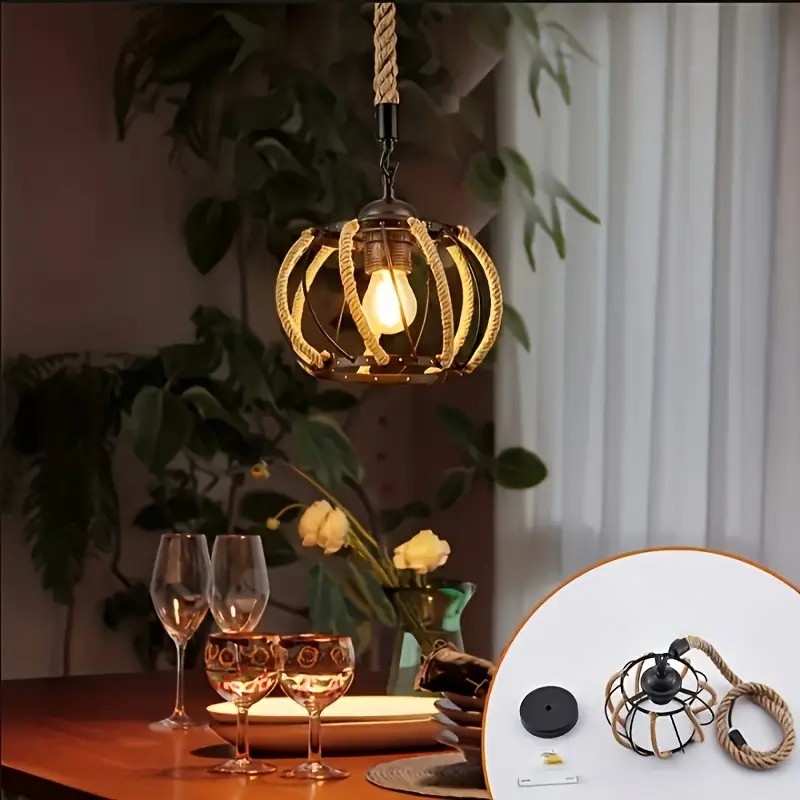 Industrial Pendant Light with Braided Rope and Metal Frame for Interior