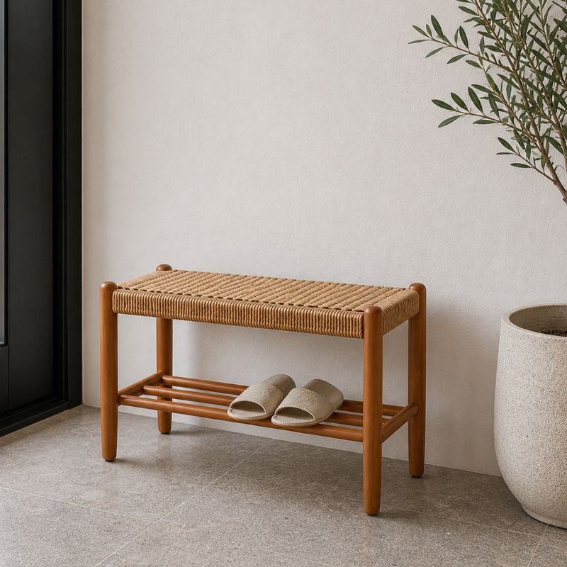 Japanese Cherry Wood Bench with Woven Cowhide Rope Seat