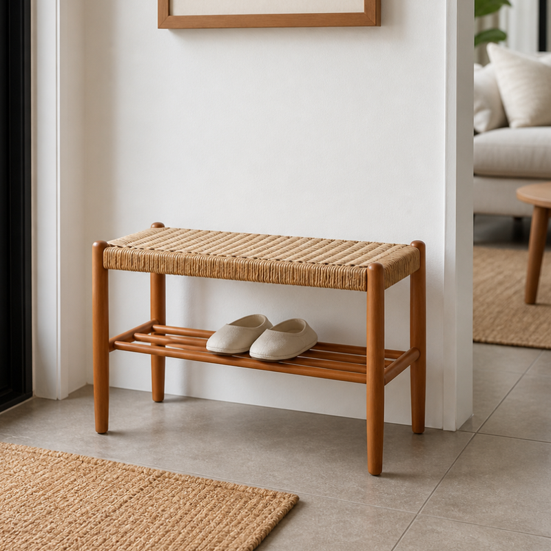 Japanese Cherry Wood Bench with Woven Cowhide Rope Seat
