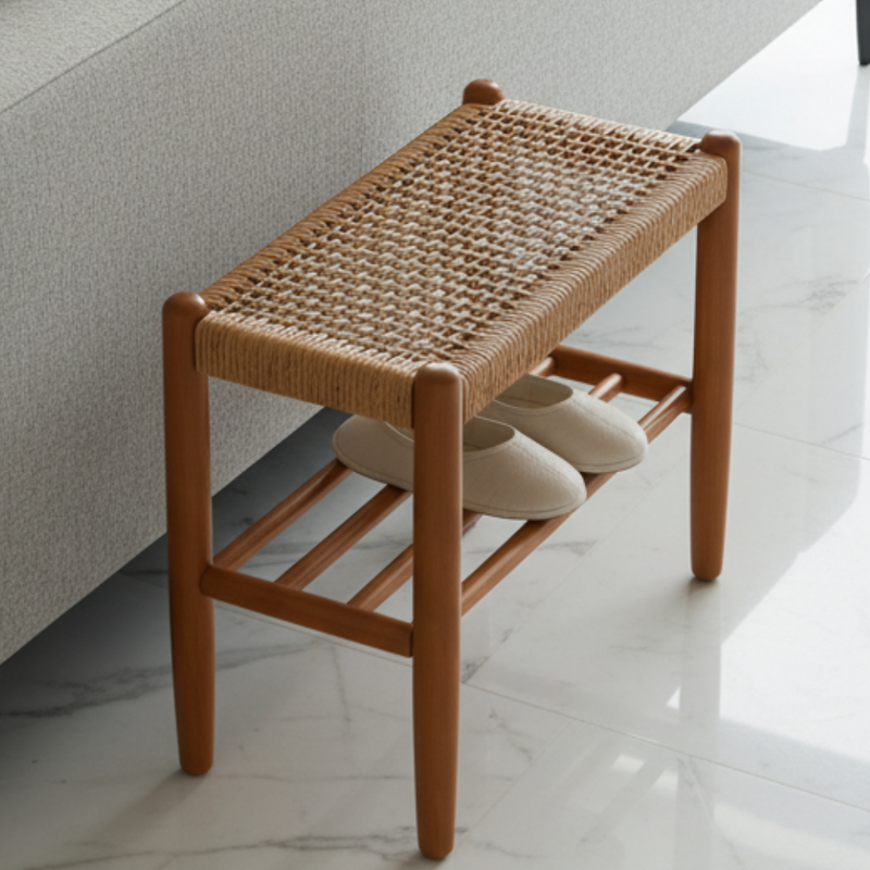 Japanese Cherry Wood Bench with Woven Cowhide Rope Seat