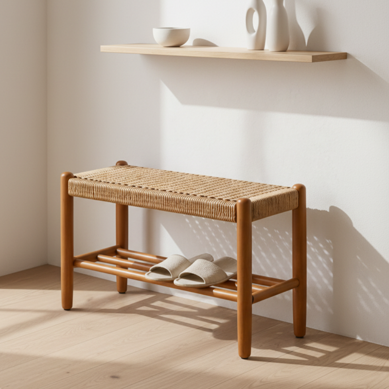 Japanese Cherry Wood Bench with Woven Cowhide Rope Seat