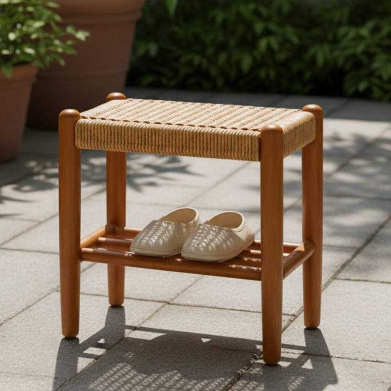 Japanese Cherry Wood Bench with Woven Cowhide Rope Seat