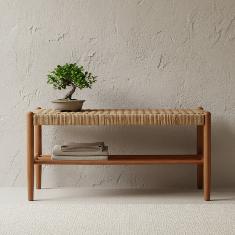 Japanese Cherry Wood Bench with Woven Cowhide Rope Seat