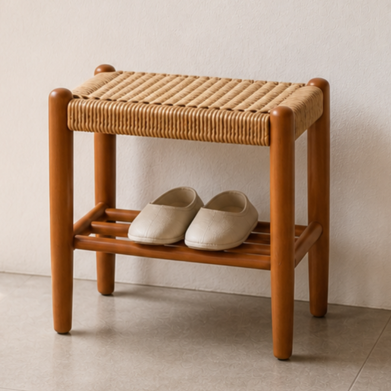 Japanese Cherry Wood Bench with Woven Cowhide Rope Seat