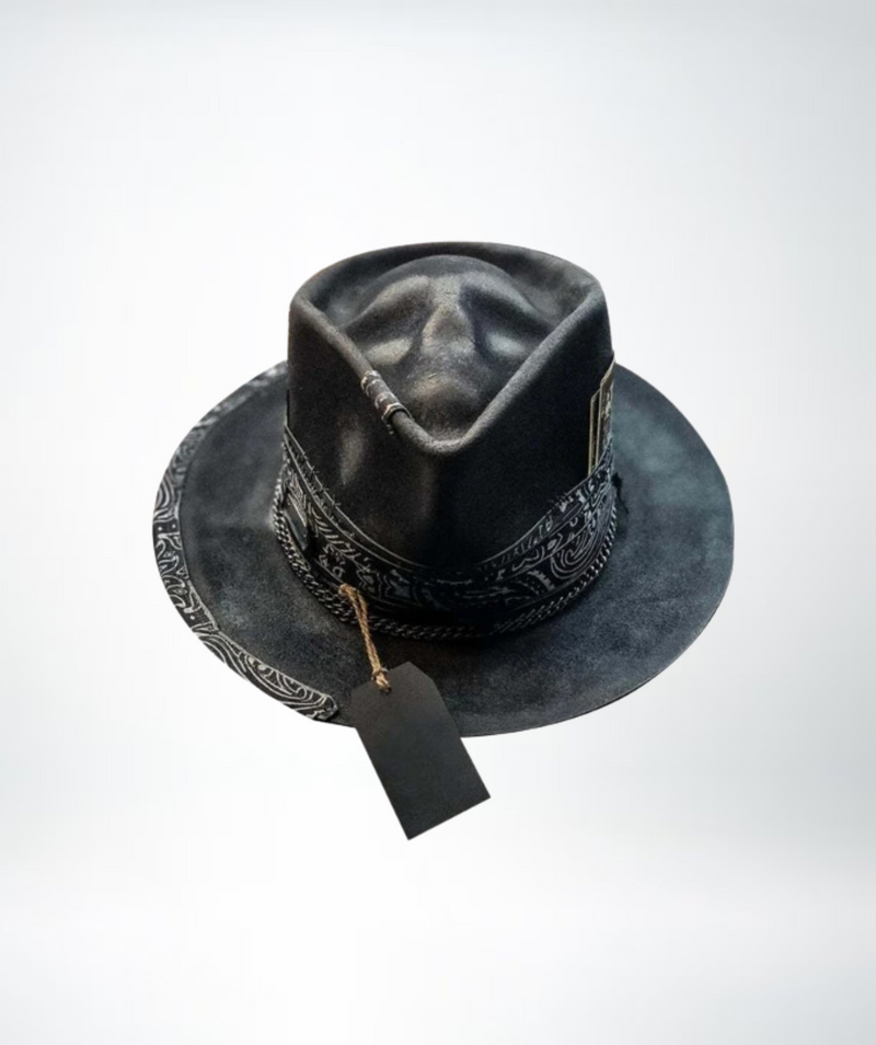 Skull Crown Felt Fedora Hat with Paisley Band and Decorative Chain