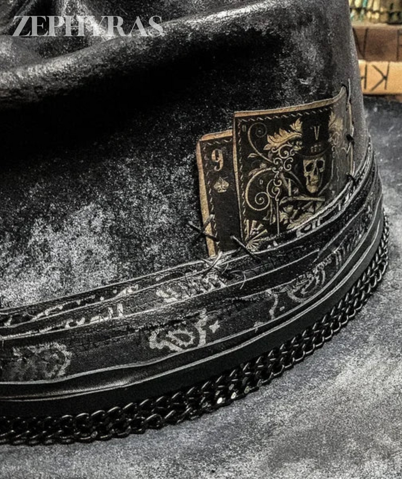 Skull Crown Felt Fedora Hat with Paisley Band and Decorative Chain