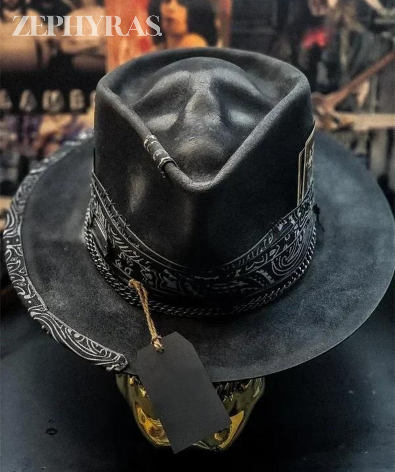 Skull Crown Felt Fedora Hat with Paisley Band and Decorative Chain