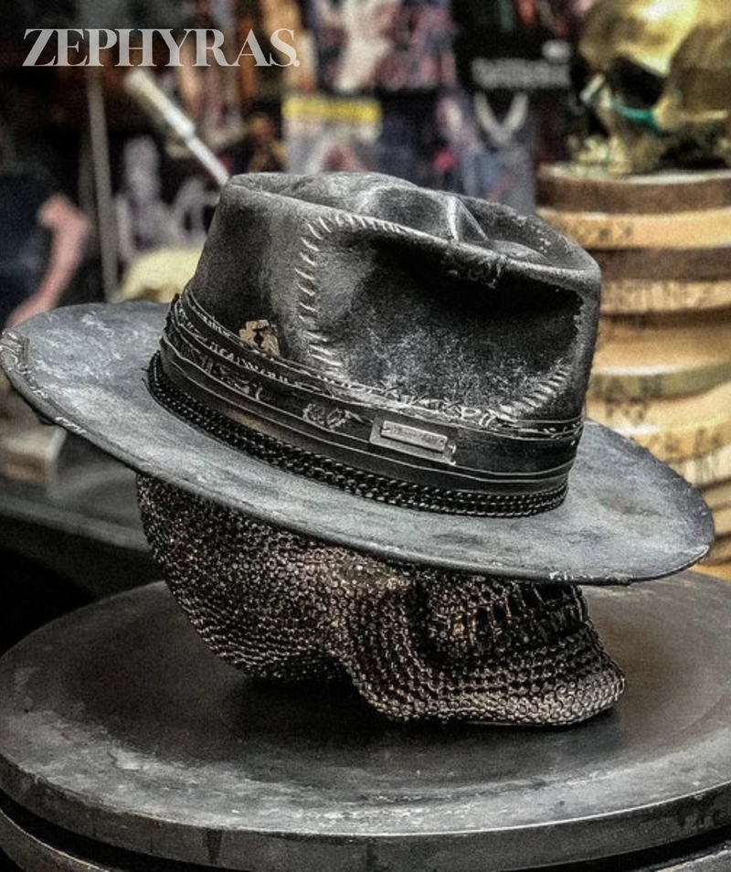 Skull Crown Felt Fedora Hat with Paisley Band and Decorative Chain