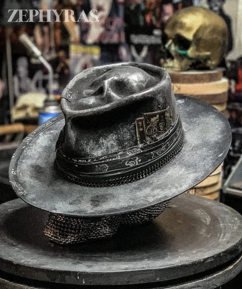 Skull Crown Felt Fedora Hat with Paisley Band and Decorative Chain