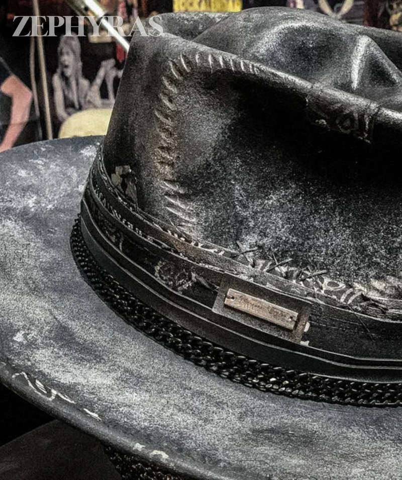 Skull Crown Felt Fedora Hat with Paisley Band and Decorative Chain