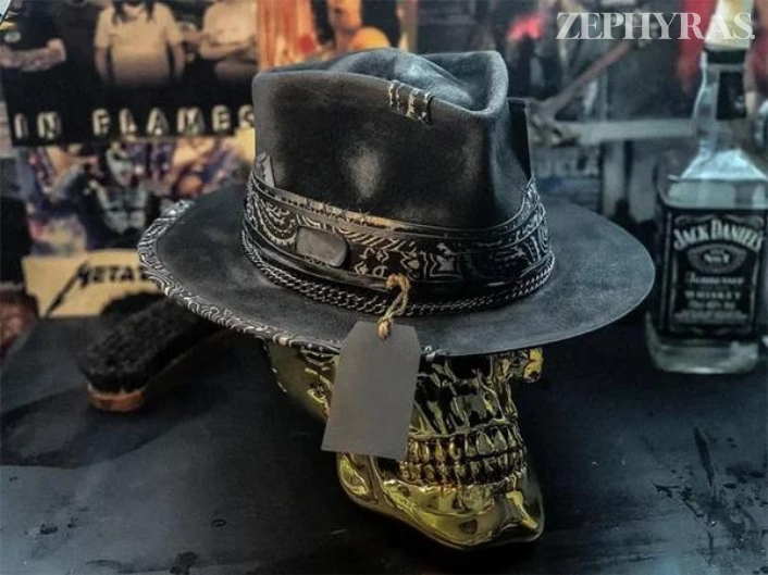 Skull Crown Felt Fedora Hat with Paisley Band and Decorative Chain
